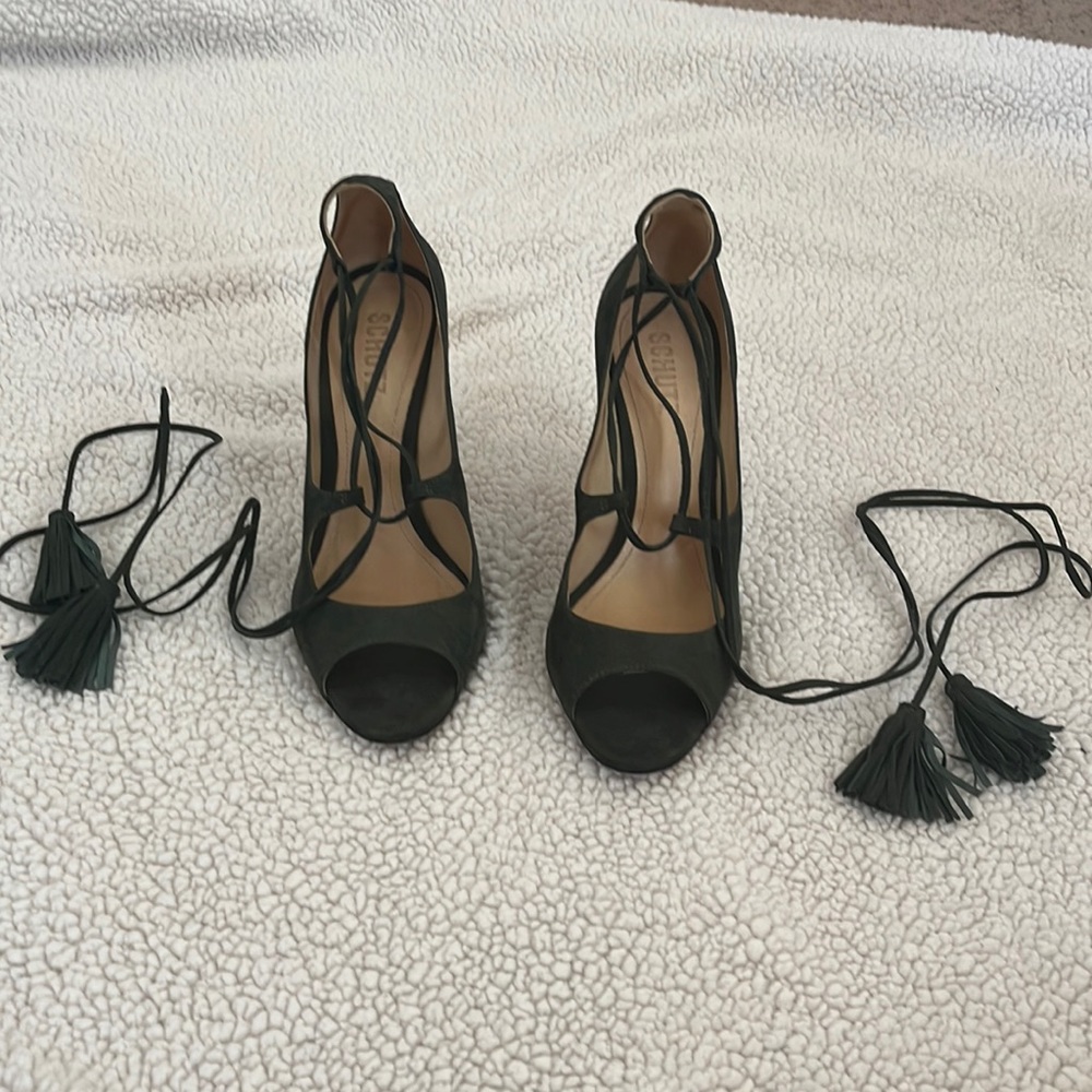 Olive green shoes Schutz tassel wrap